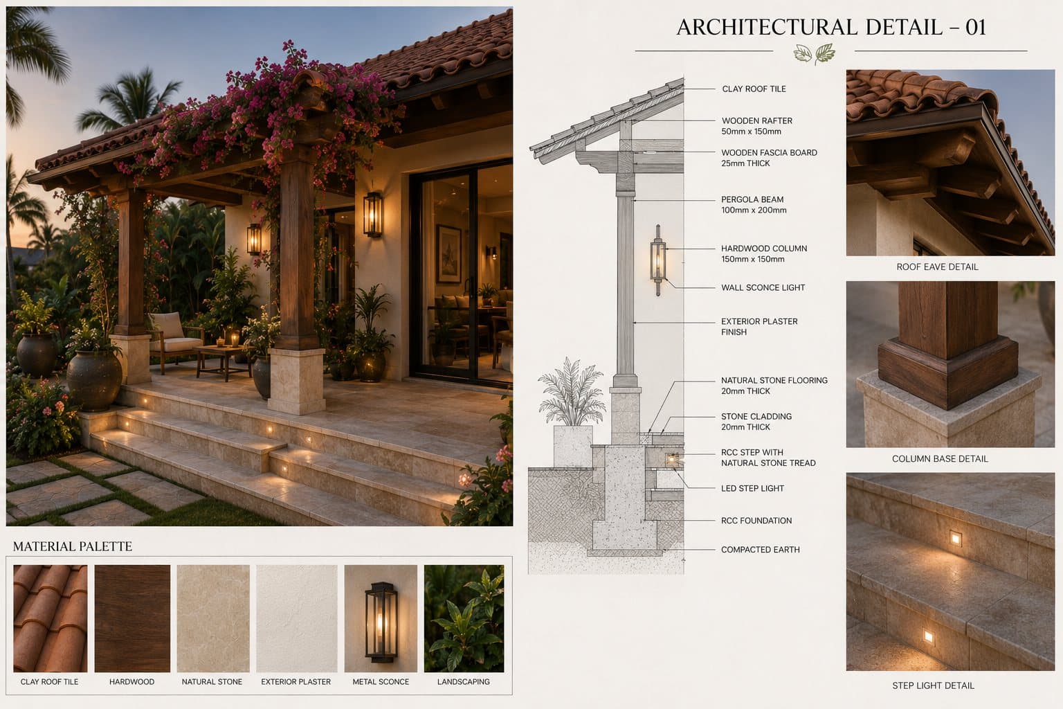 Architectural detail — clay roof and stone cladding
