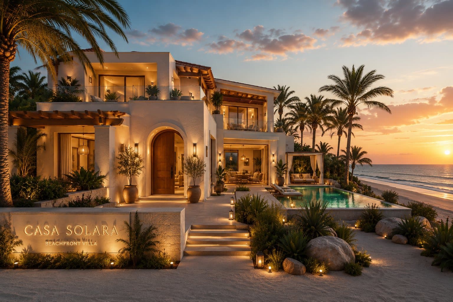 Casa Solara entrance with signage and palms