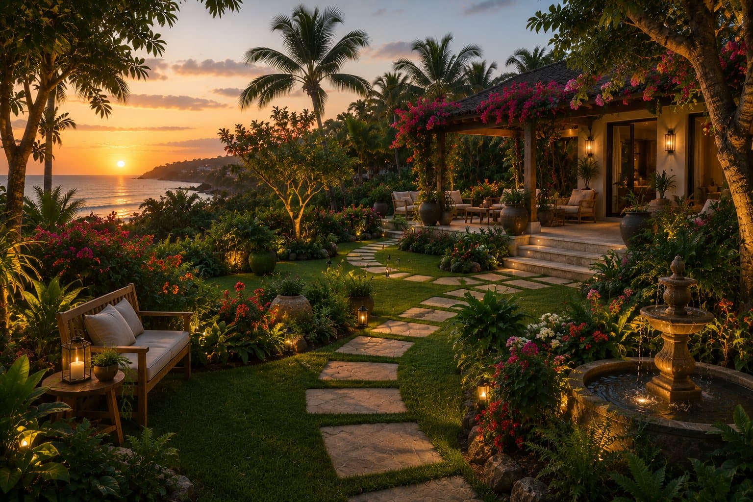 Landscaped garden path at dusk