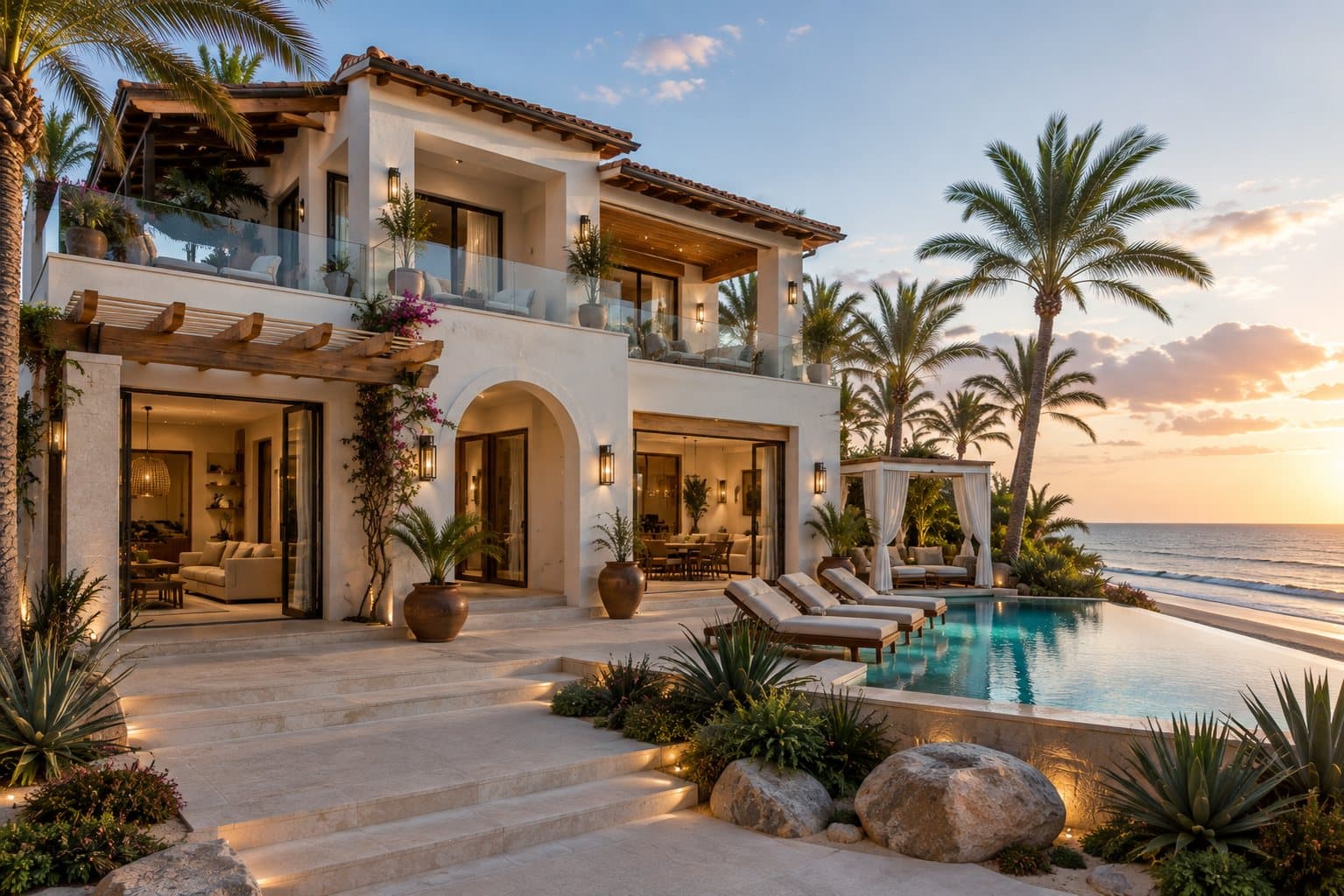 Casa Solara at sunset, beachfront pool and palms