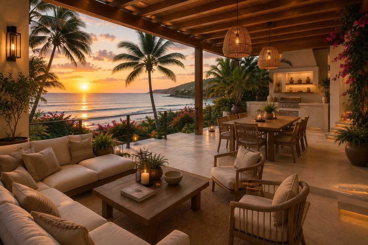 Shaded terrace lounge at sunset
