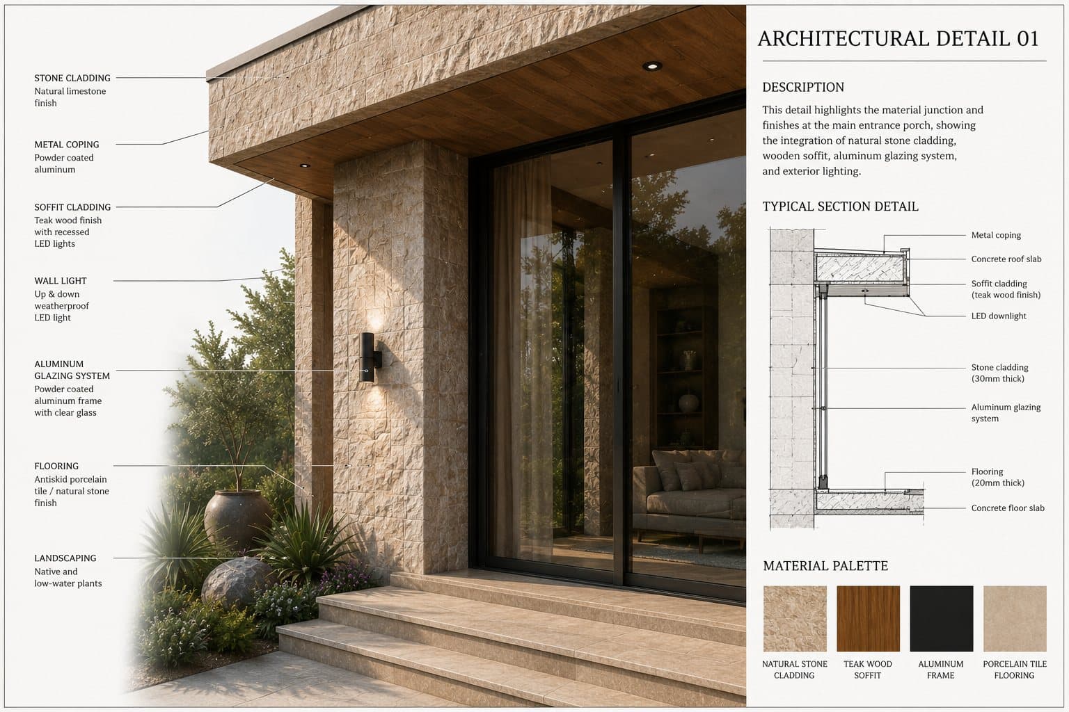 Architectural detail — stone cladding and entrance porch