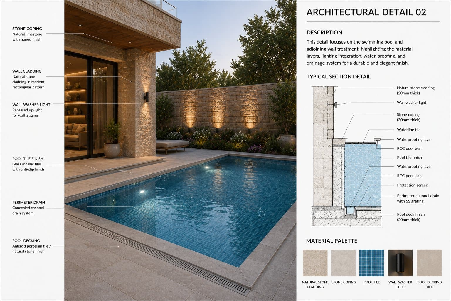 Architectural detail — pool coping and wall washer lighting