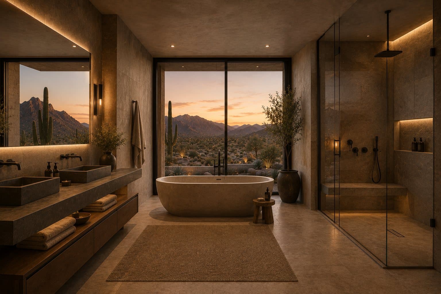 Spa-inspired stone bathroom with sculptural fixtures