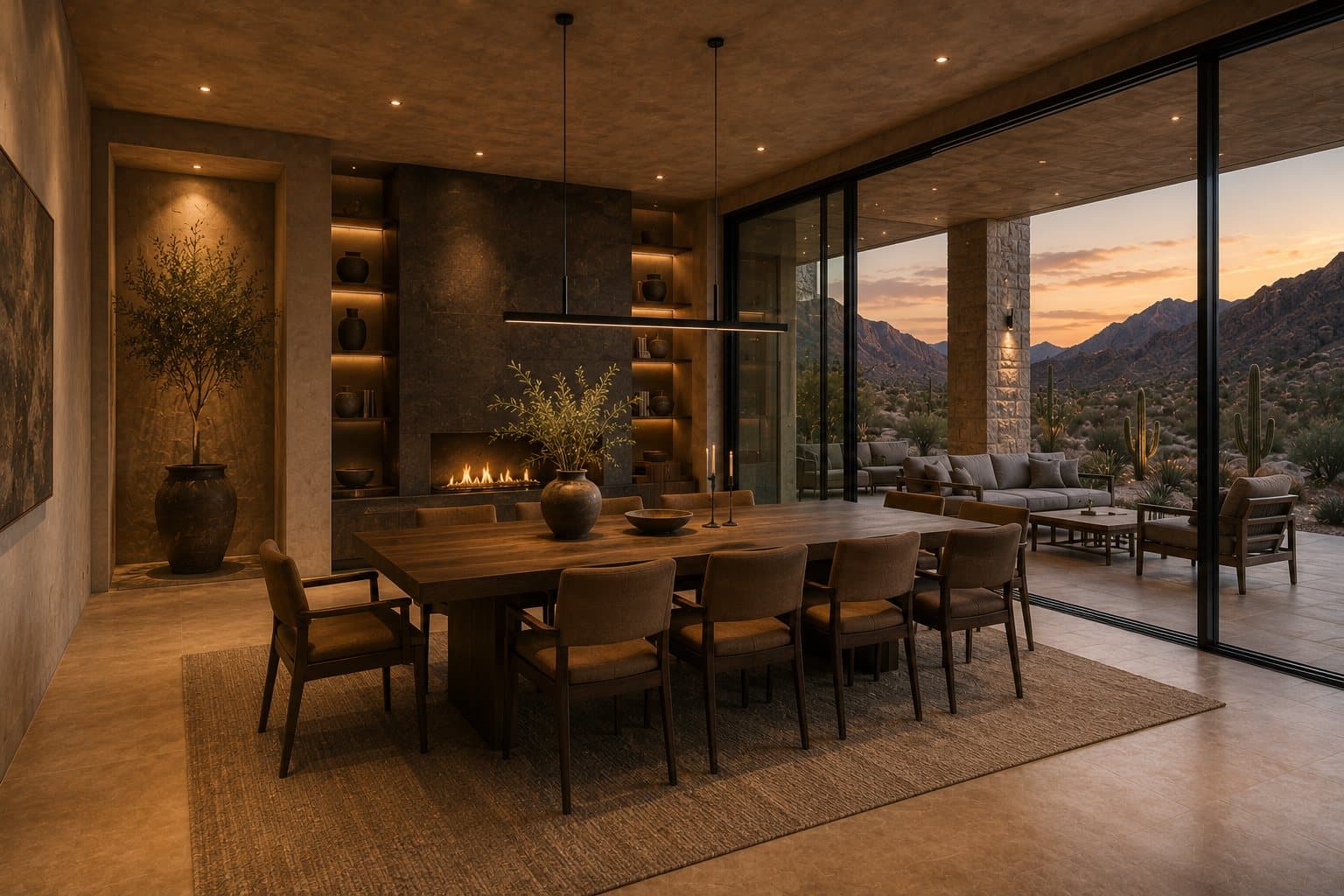 Intimate dining zone framing landscape views