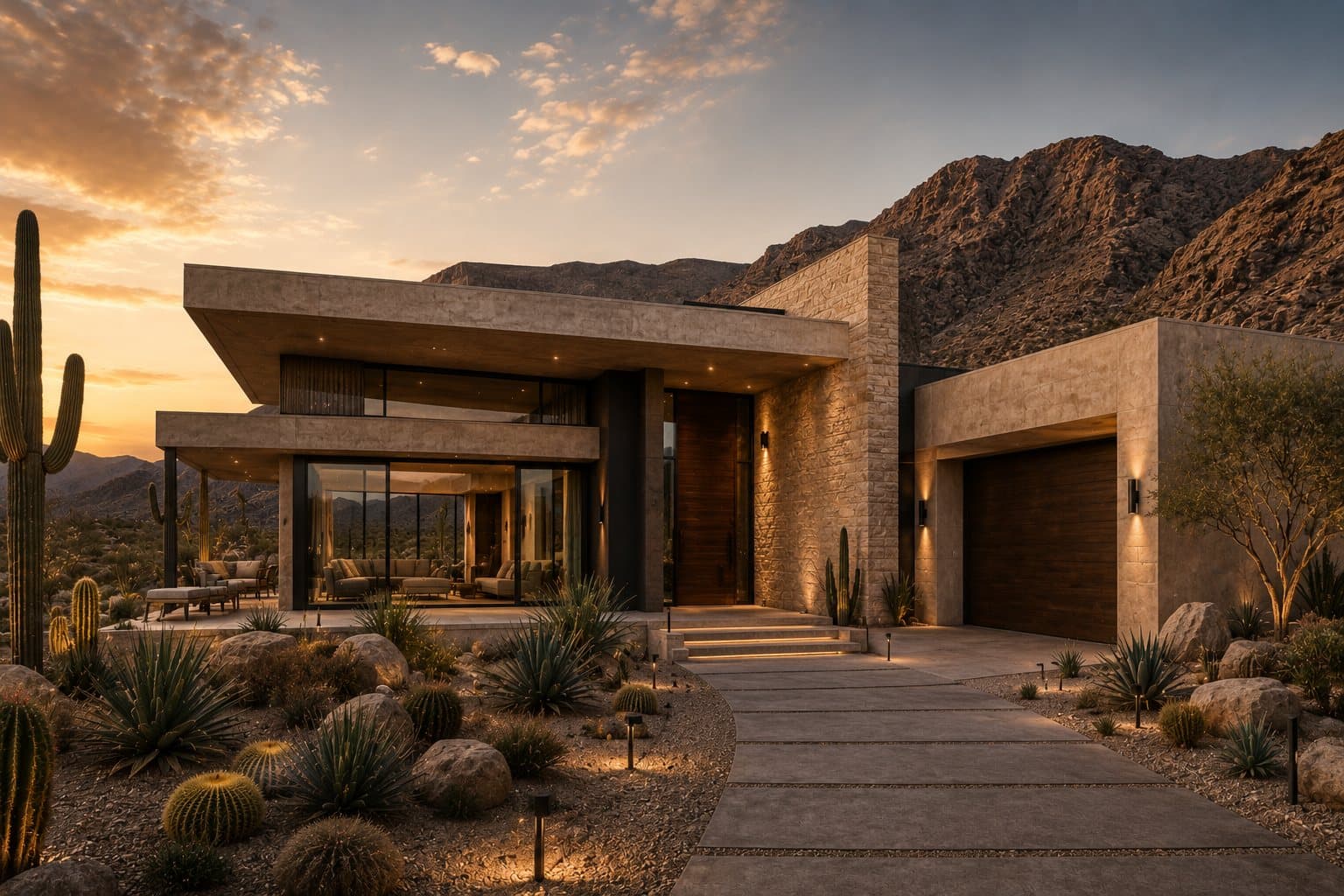 The Desert House entrance at dusk