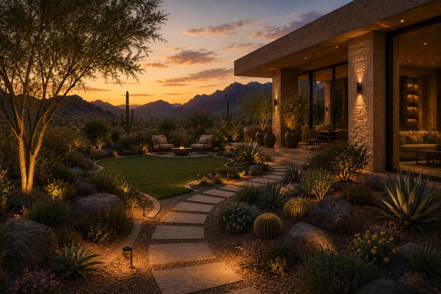 Sculptural desert garden at dusk