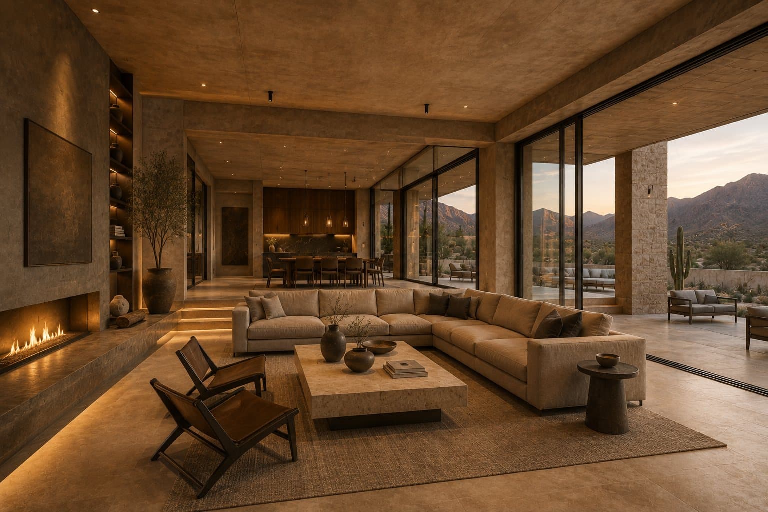 Minimalist living room with panoramic glazing