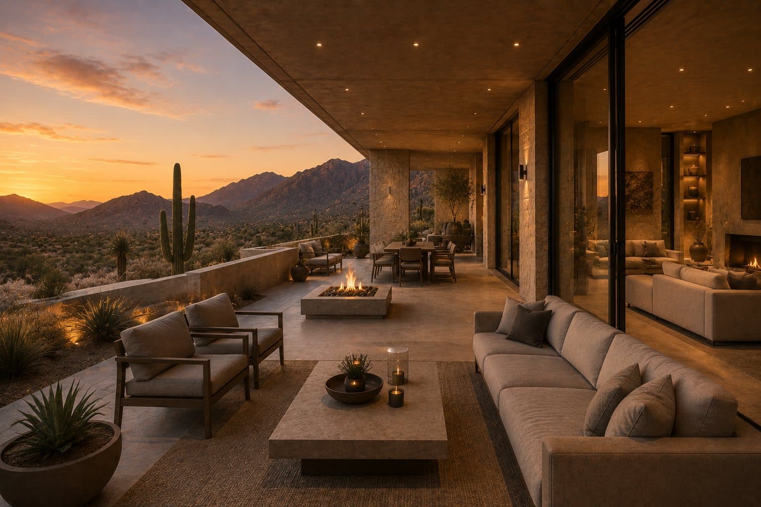 Shaded terrace lounge with fire feature