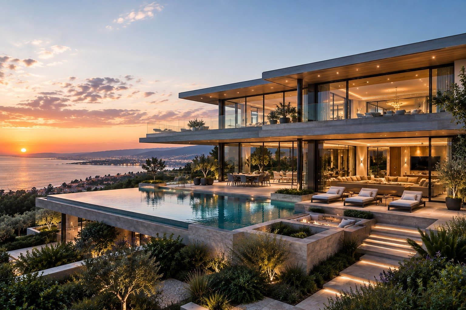 The Glassline Residence at dusk with pool