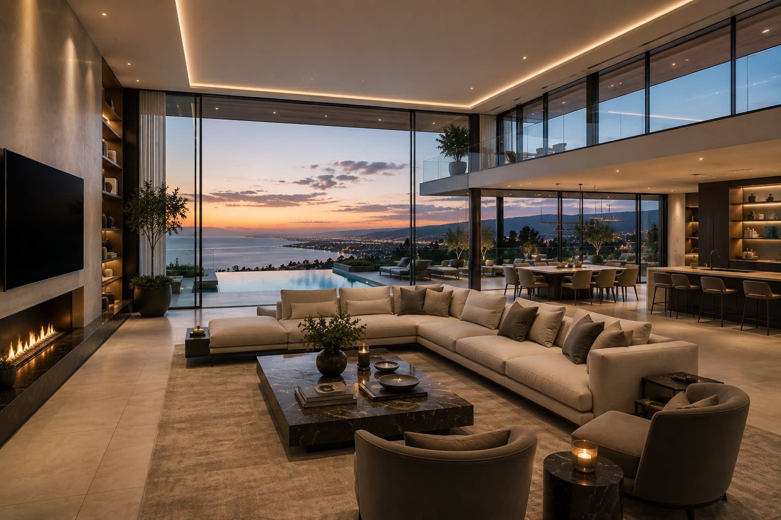 Open-plan living space with panoramic glazing
