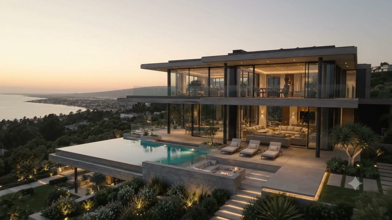 The Glassline Residence at dusk
