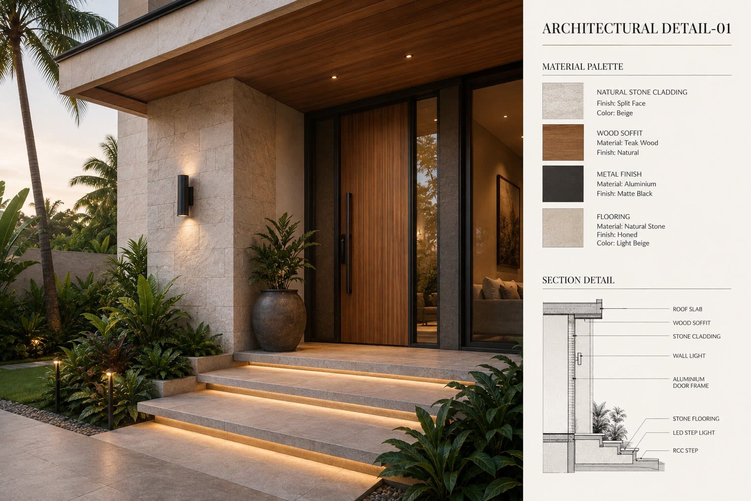 Architectural detail — stone entrance and timber soffit