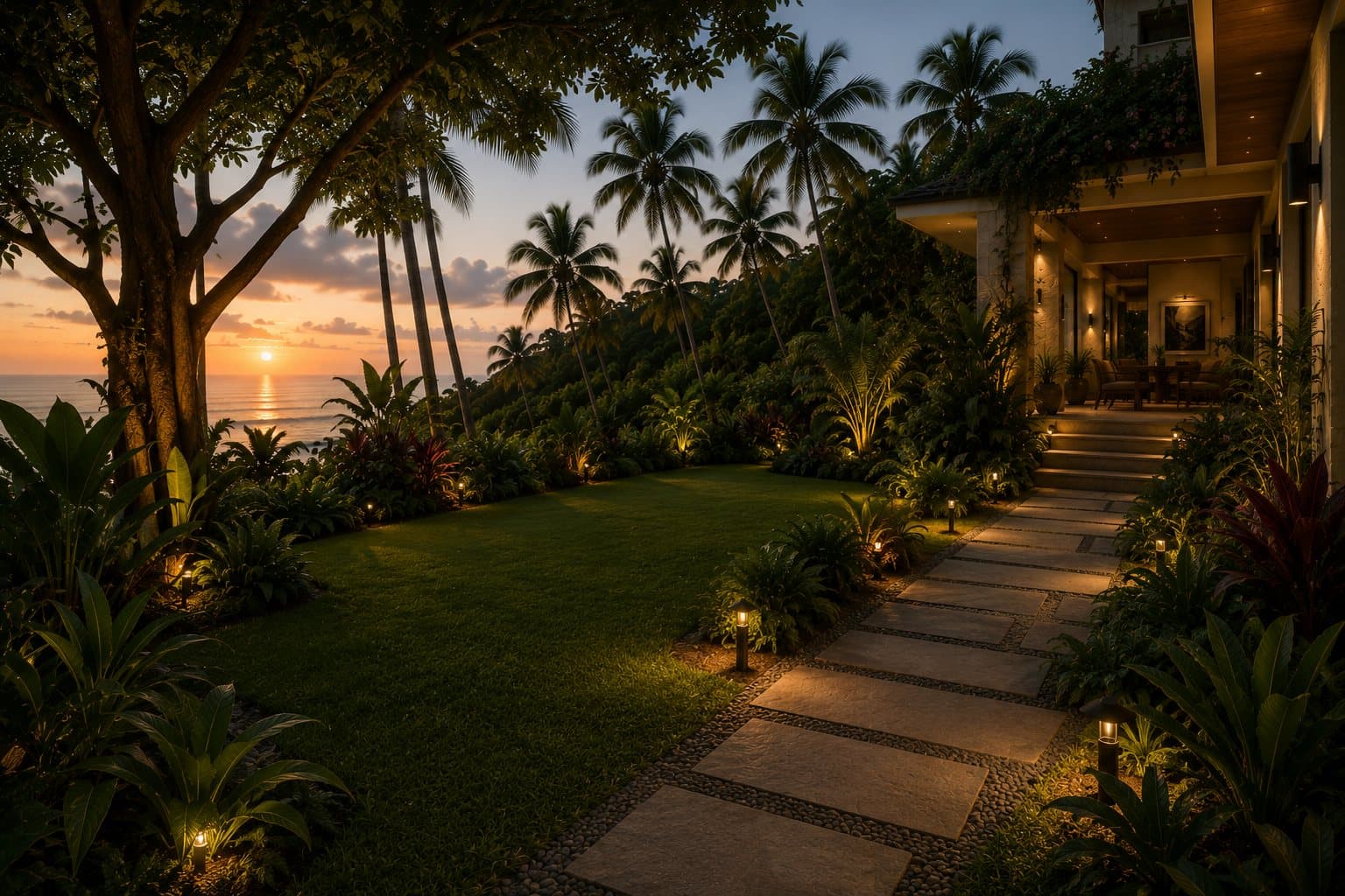 Landscaped tropical garden path at dusk