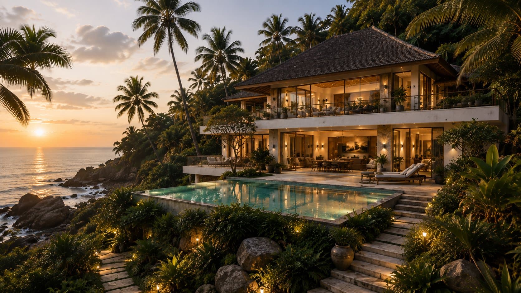 The Palm House at dusk, infinity pool facing the sea
