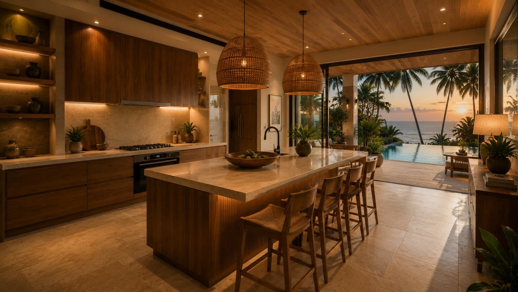 Contemporary kitchen with warm timber and stone island