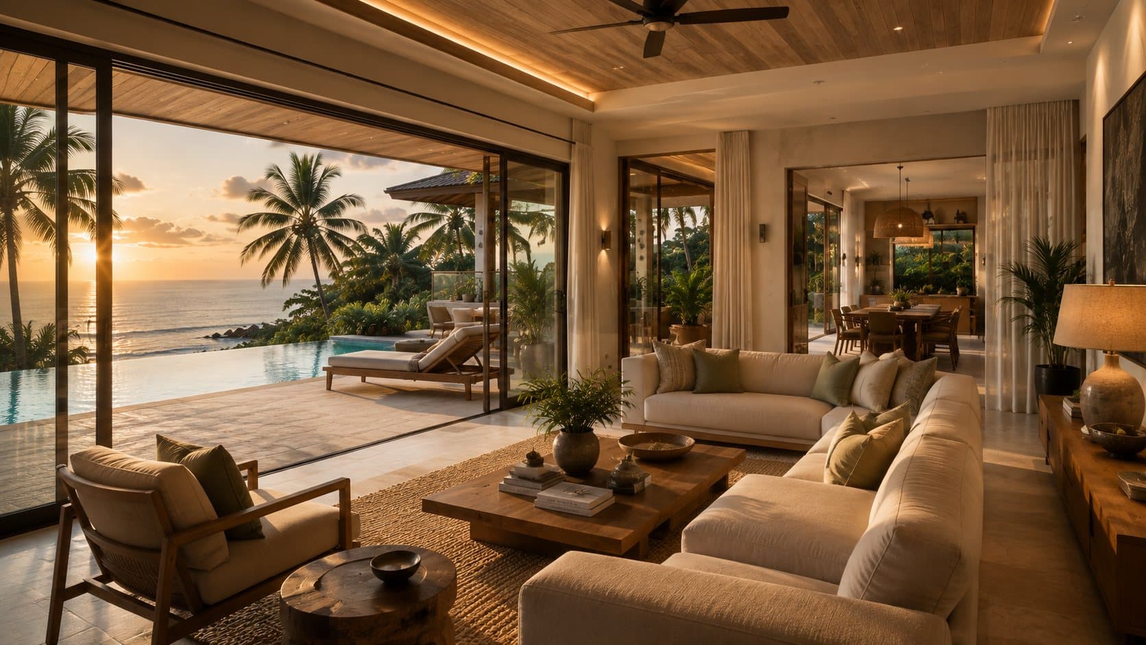 Open-plan living room facing the pool terrace