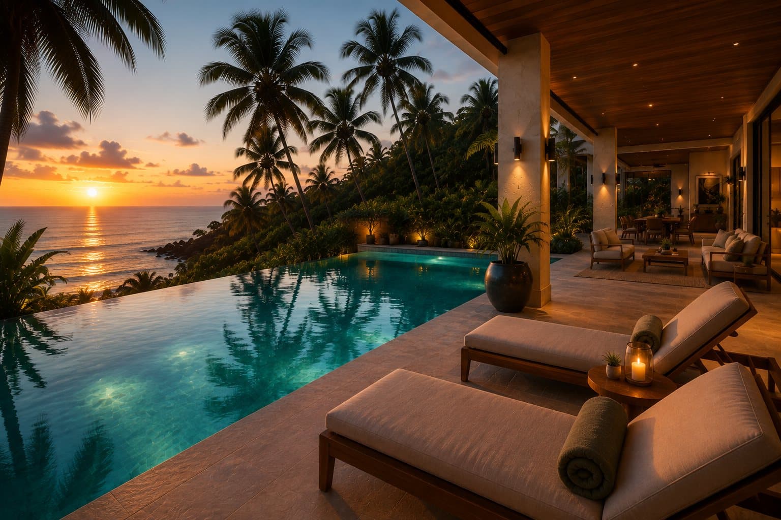 Infinity pool deck with loungers