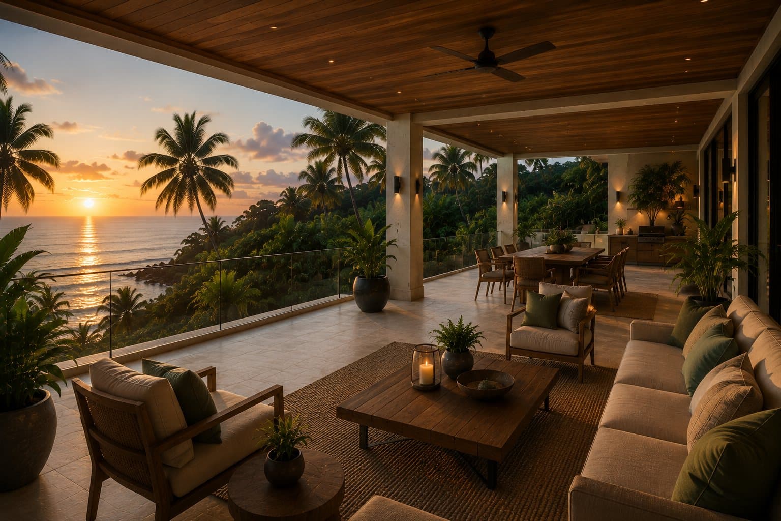 Terrace lounge at sunset overlooking the sea