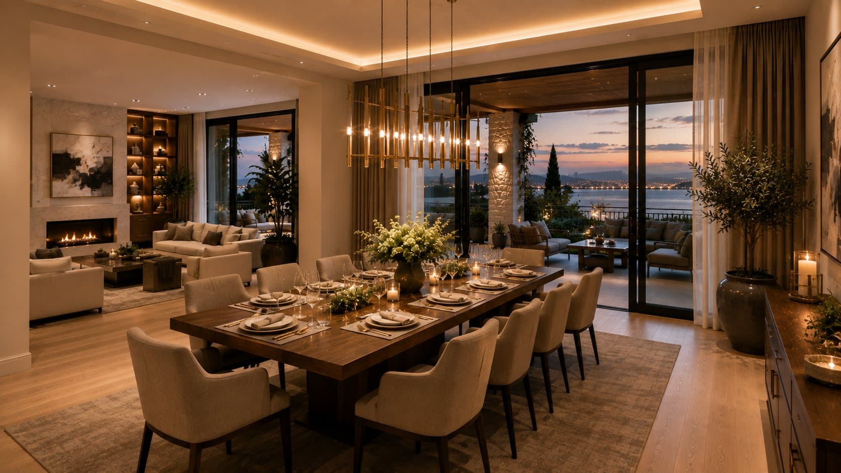 Dining room with sculptural light fixture