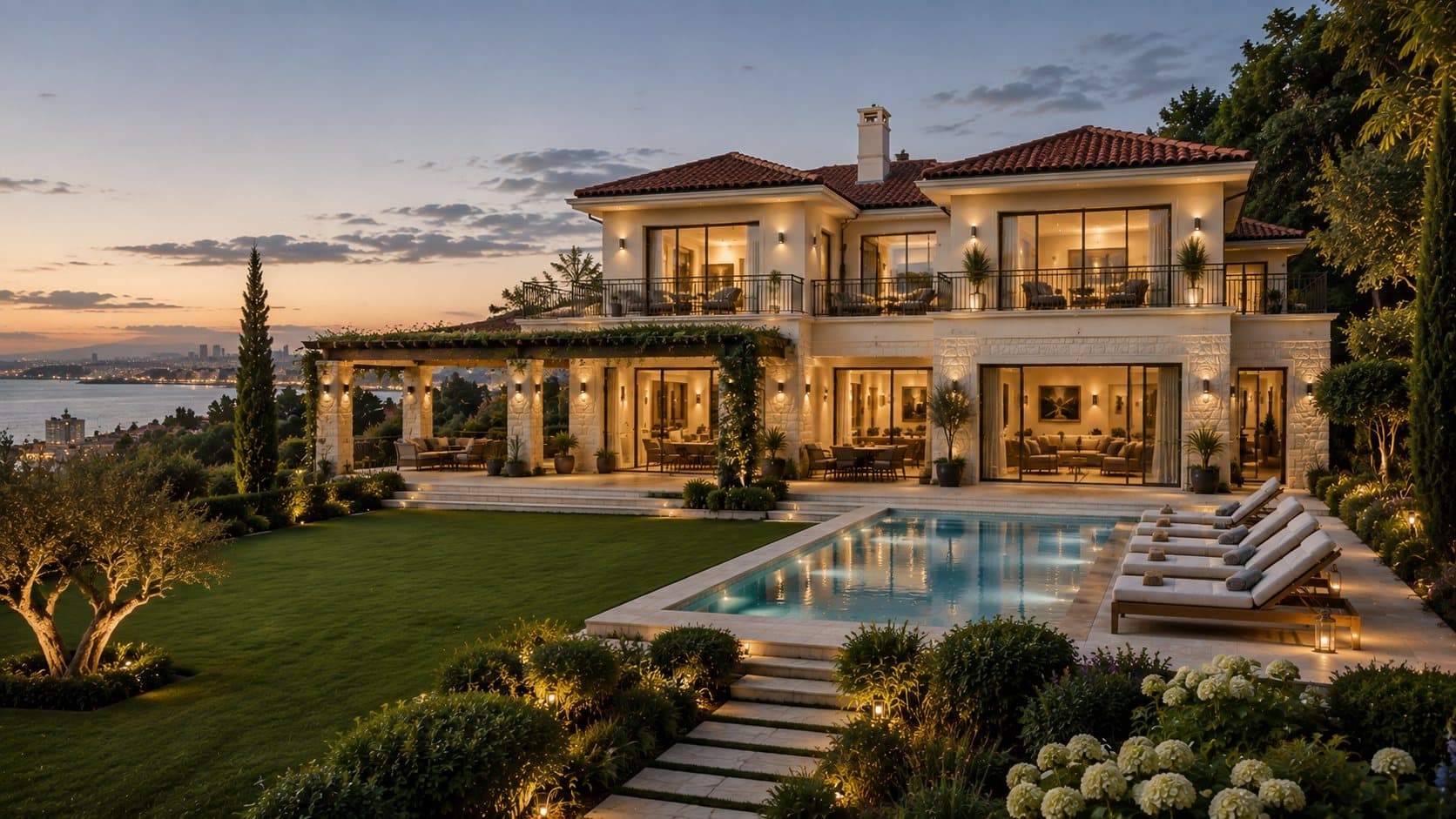 Villa Aurelia evening exterior with landscaped lawn