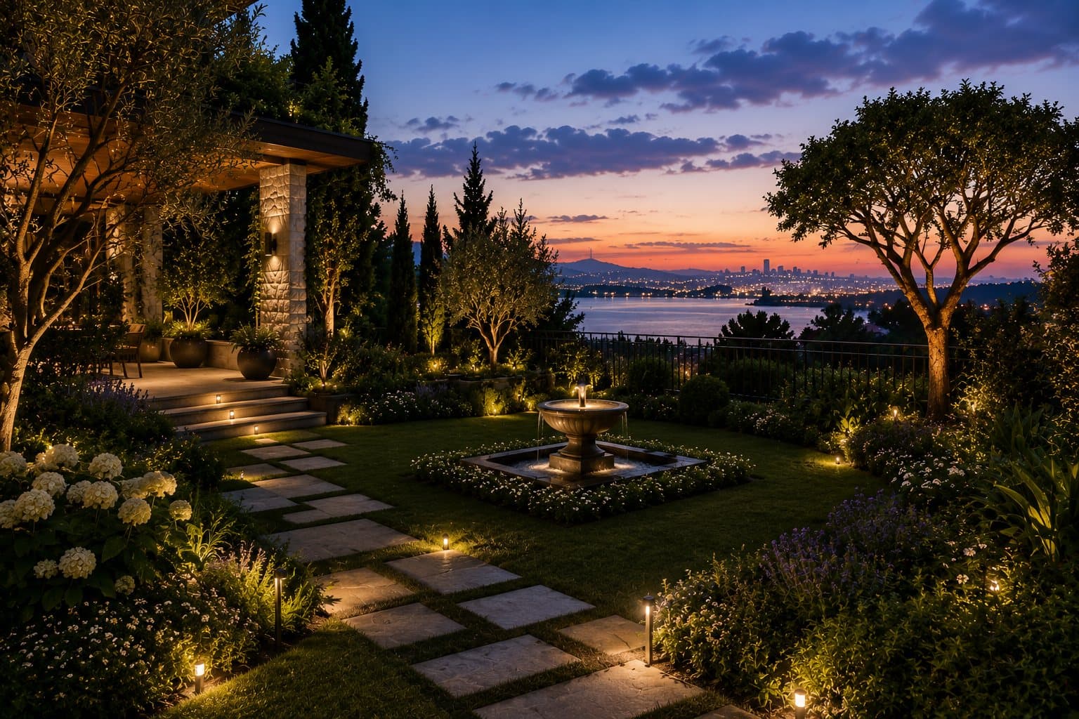 Landscaped garden with fountain at dusk
