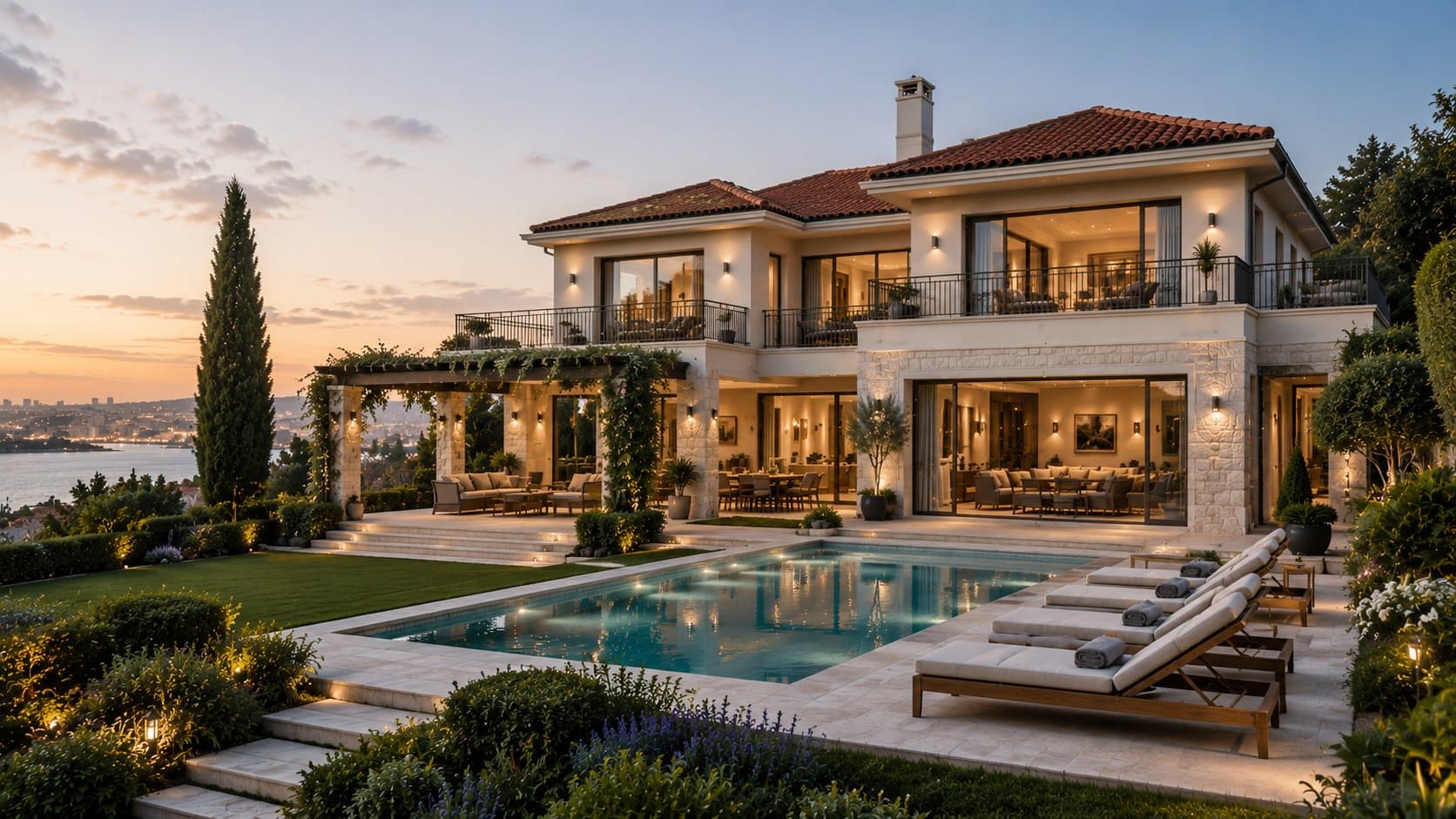 Villa Aurelia at dusk with pool and panoramic waterfront view