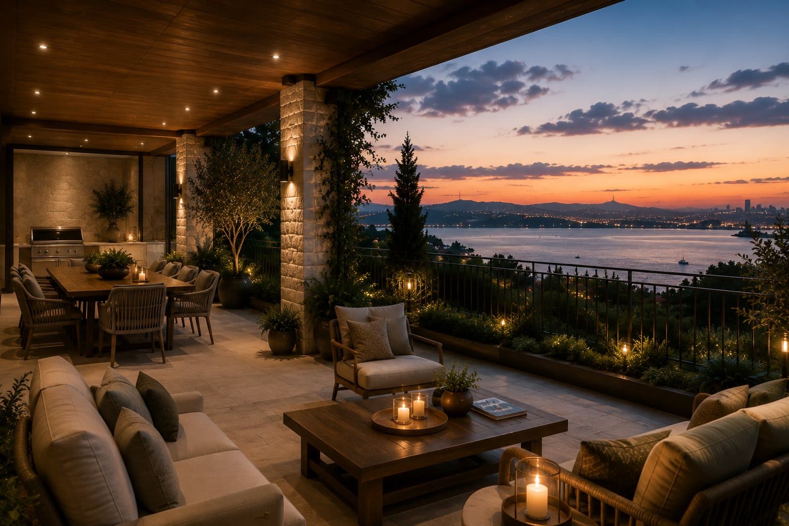 Covered terrace lounge at sunset